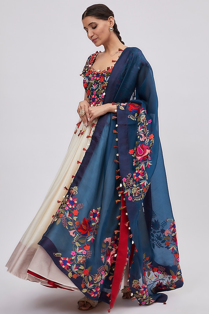 Off-White & Blue Chanderi Embroidered Anarkali Set by Minaxi Dadoo