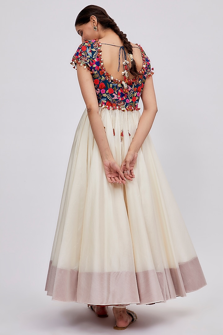 Off-White & Blue Chanderi Embroidered Bridal Anarkali Set by Minaxi Dadoo at Pernia's Pop Up Shop