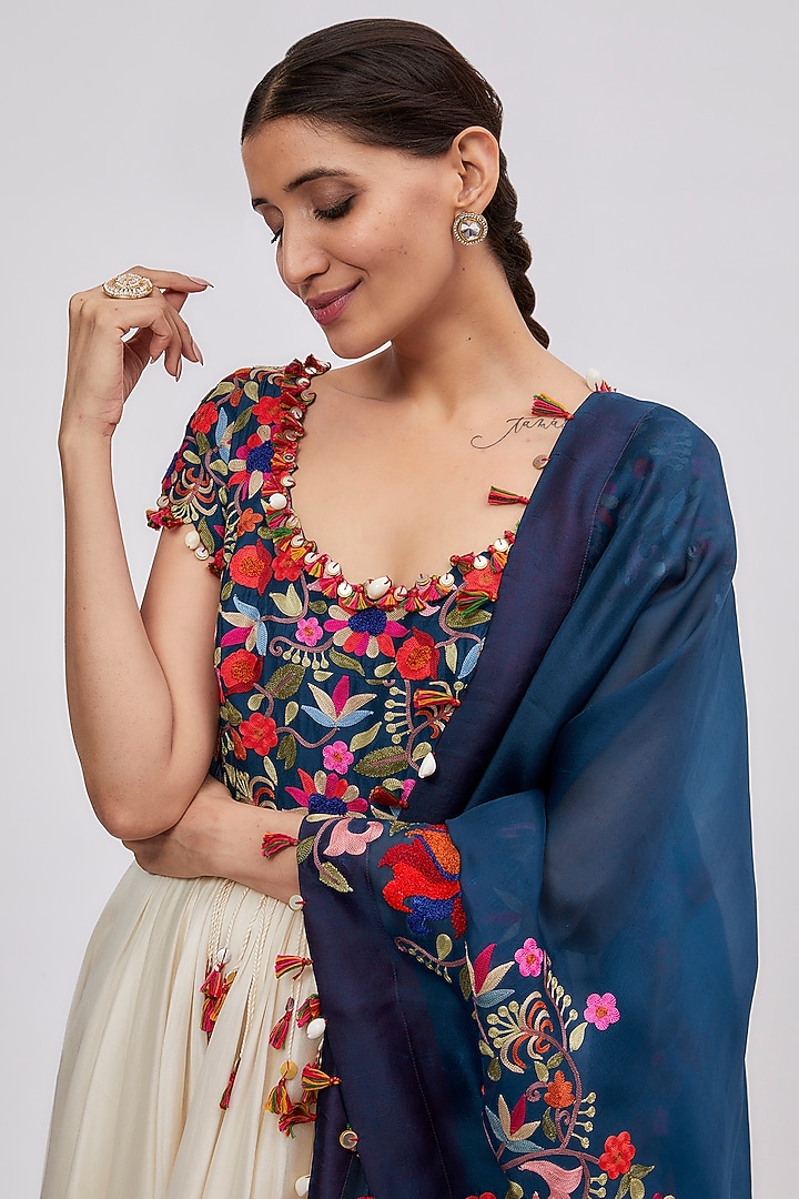 Off-White & Blue Chanderi Embroidered Bridal Anarkali Set by Minaxi Dadoo at Pernia's Pop Up Shop