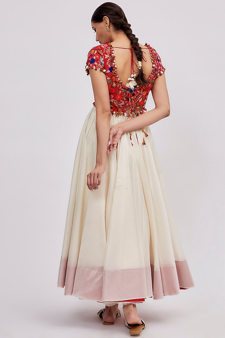 Ivory & Red Chanderi Embroidered Bridal Anarkali Set by Minaxi Dadoo at Pernia's Pop Up Shop