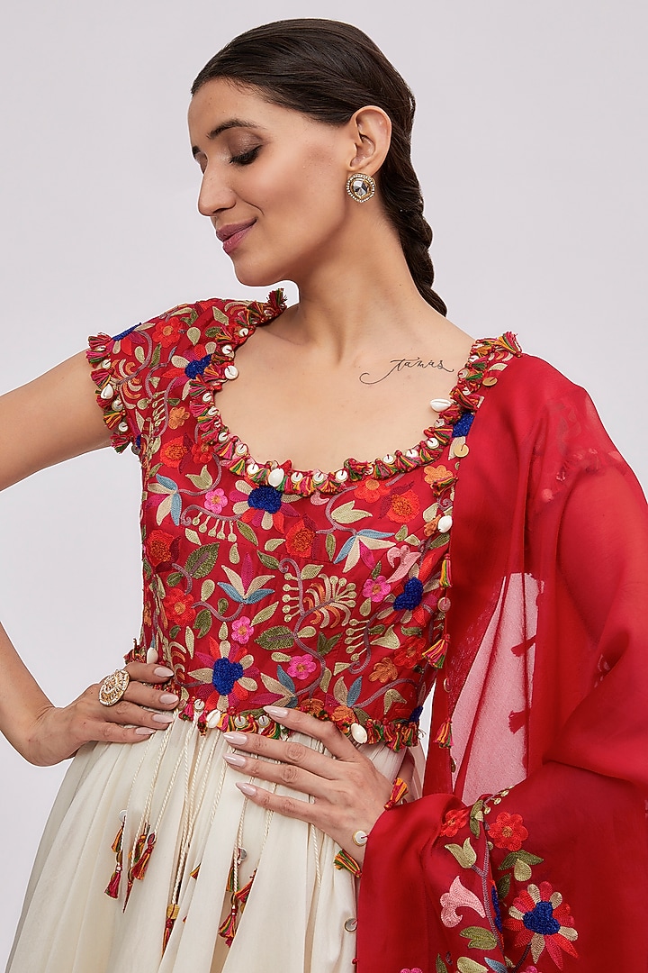 Ivory & Red Chanderi Embroidered Bridal Anarkali Set by Minaxi Dadoo at Pernia's Pop Up Shop