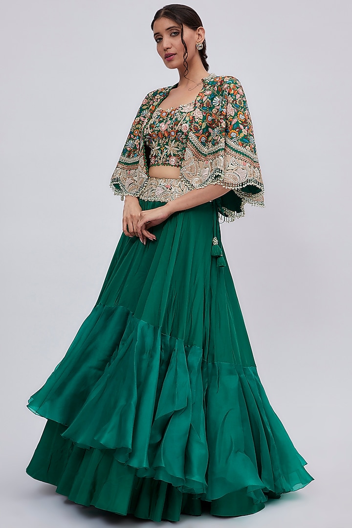 Green Silk & Organza Embroidered Jacket Bridal Lehenga Set by Minaxi Dadoo at Pernia's Pop Up Shop