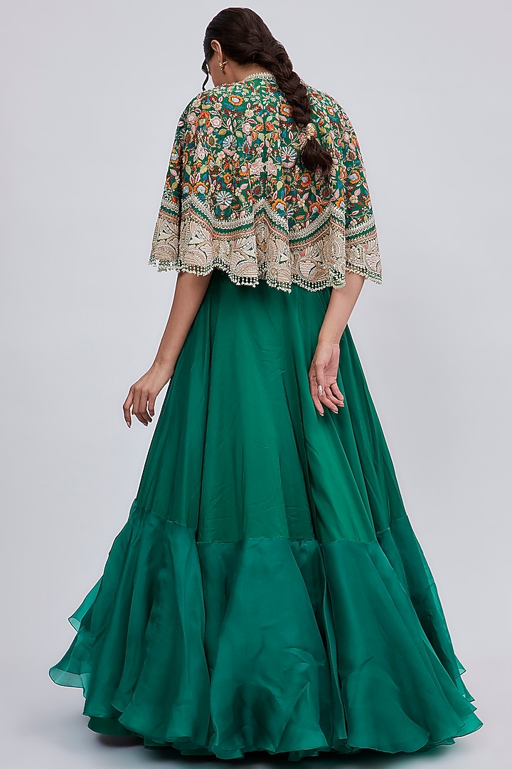 Green Silk & Organza Embroidered Jacket Bridal Lehenga Set by Minaxi Dadoo at Pernia's Pop Up Shop