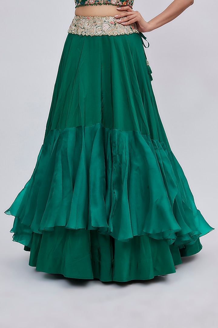Green Silk & Organza Embroidered Jacket Bridal Lehenga Set by Minaxi Dadoo at Pernia's Pop Up Shop