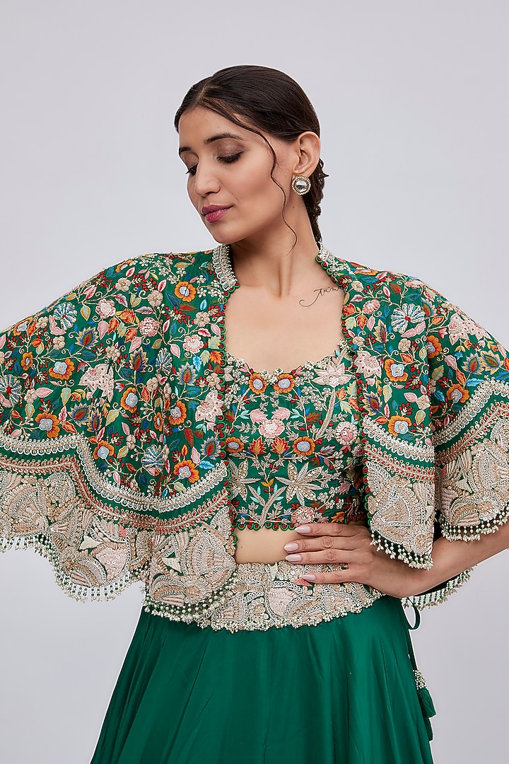 Green Silk & Organza Embroidered Jacket Bridal Lehenga Set by Minaxi Dadoo at Pernia's Pop Up Shop