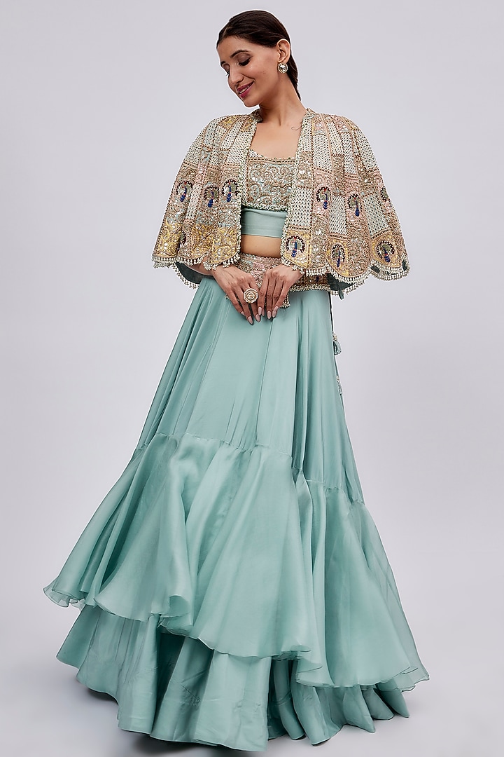 Powder Blue Silk & Organza Embroidered Jacket Bridal Lehenga Set by Minaxi Dadoo at Pernia's Pop Up Shop