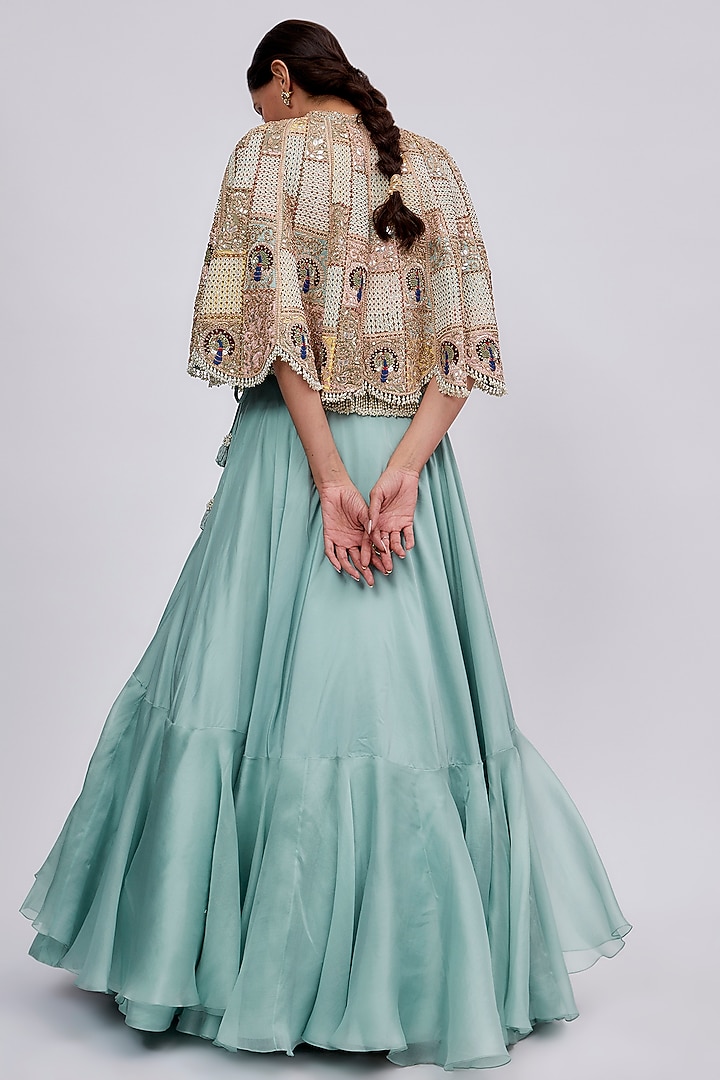 Powder Blue Silk & Organza Embroidered Jacket Bridal Lehenga Set by Minaxi Dadoo at Pernia's Pop Up Shop