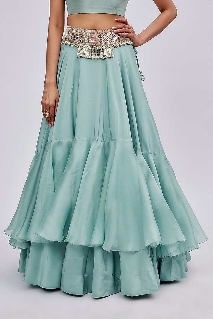 Powder Blue Silk & Organza Embroidered Jacket Bridal Lehenga Set by Minaxi Dadoo at Pernia's Pop Up Shop