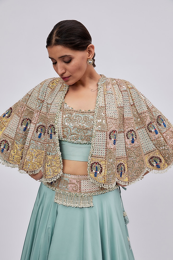 Powder Blue Silk & Organza Embroidered Jacket Bridal Lehenga Set by Minaxi Dadoo at Pernia's Pop Up Shop