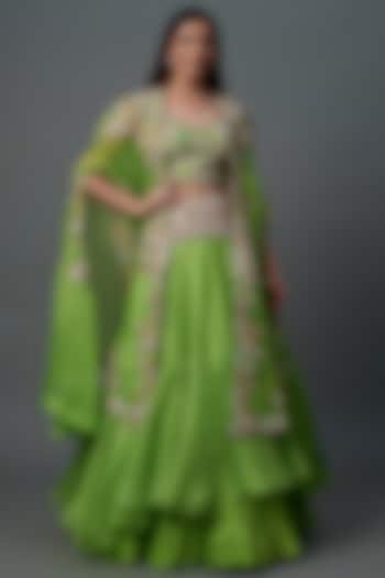 Green Silk & Organza Tiered Skirt Set by Minaxi Dadoo at Pernia's Pop Up Shop