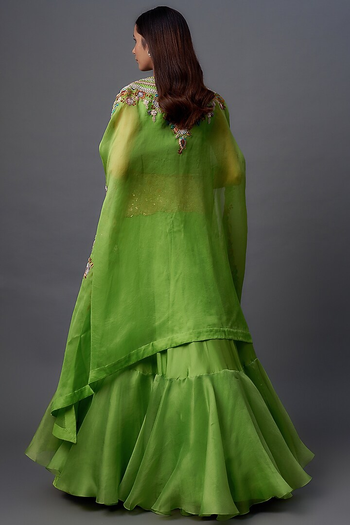 Green Silk & Organza Tiered Skirt Set by Minaxi Dadoo at Pernia's Pop Up Shop