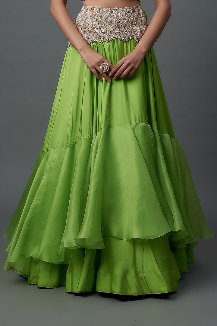 Green Silk & Organza Tiered Skirt Set by Minaxi Dadoo at Pernia's Pop Up Shop