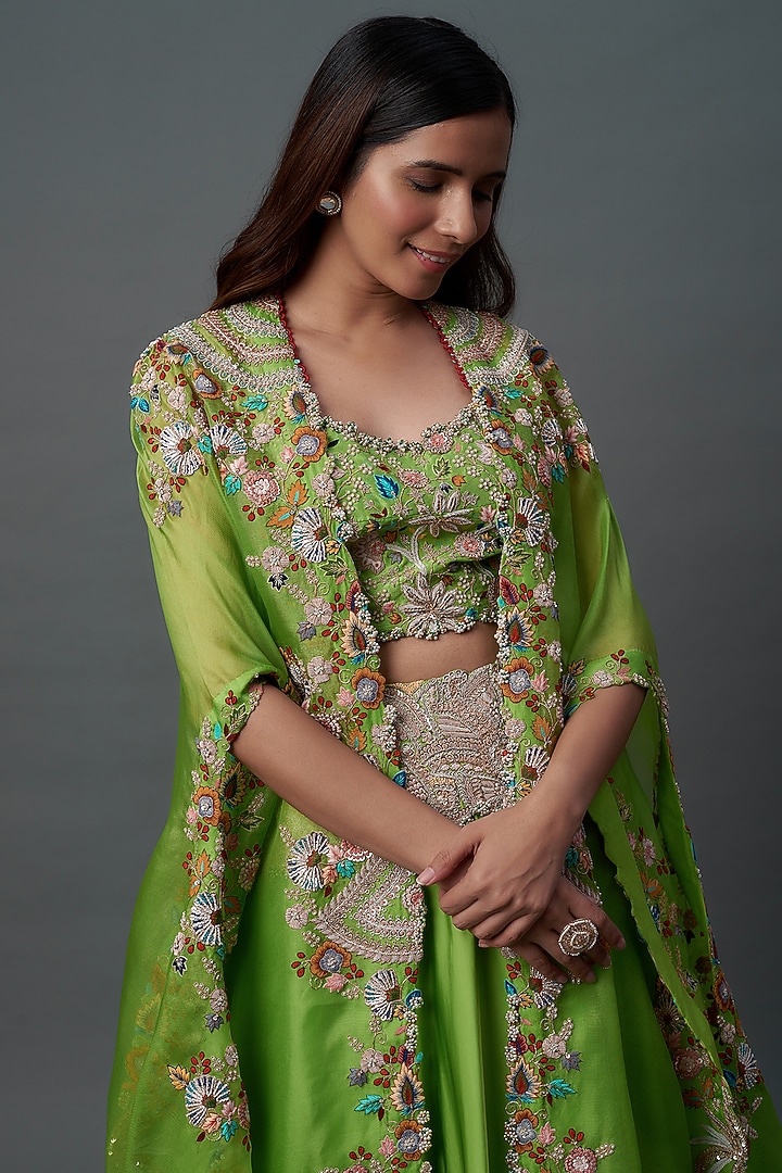 Green Silk & Organza Tiered Skirt Set by Minaxi Dadoo at Pernia's Pop Up Shop