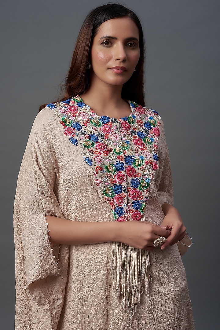 Ivory Crushed Dupion Embroidered Kaftan Set by Minaxi Dadoo at Pernia's Pop Up Shop