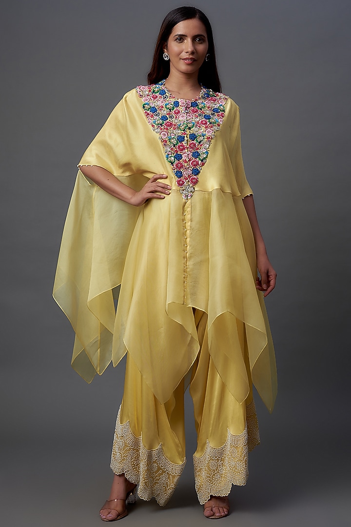 Yellow Dupion Embroidered Cape Set by Minaxi Dadoo at Pernia's Pop Up Shop