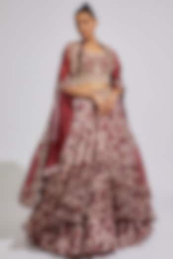 Pink & Maroon Satin Printed Bridal Lehenga Set by Minaxi Dadoo at Pernia's Pop Up Shop