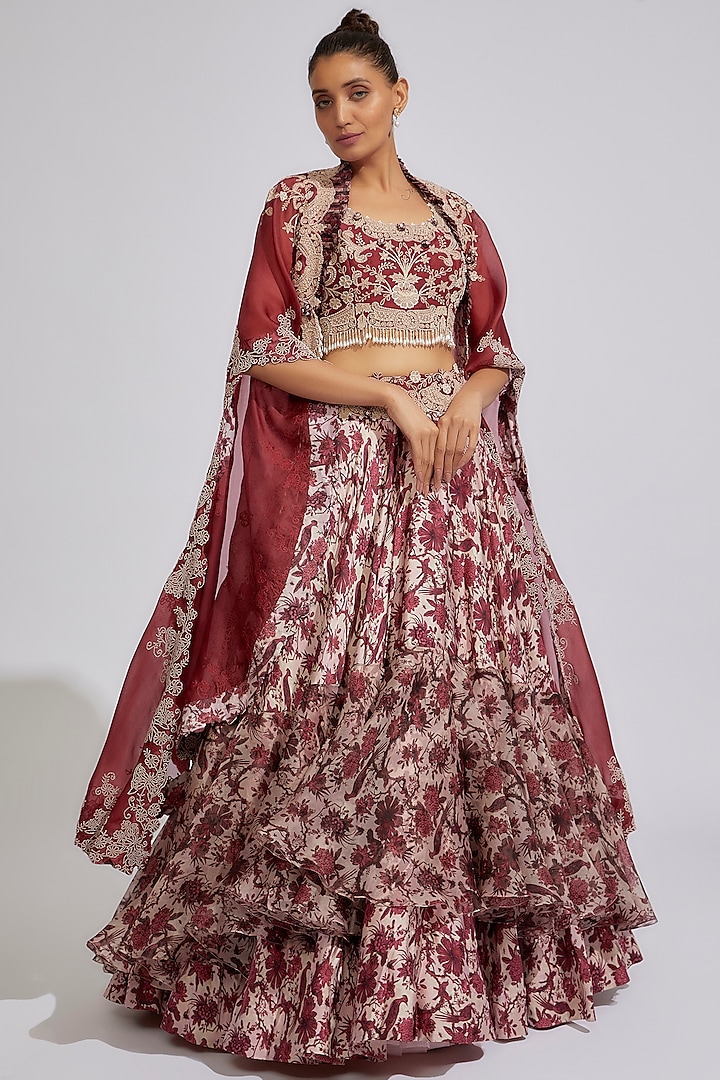Pink & Maroon Satin Printed Bridal Lehenga Set by Minaxi Dadoo at Pernia's Pop Up Shop