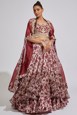 Pink & Maroon Satin Printed Lehenga Set by Minaxi Dadoo