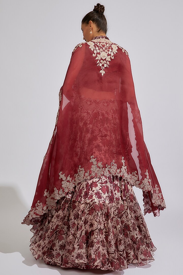 Pink & Maroon Satin Printed Bridal Lehenga Set by Minaxi Dadoo at Pernia's Pop Up Shop