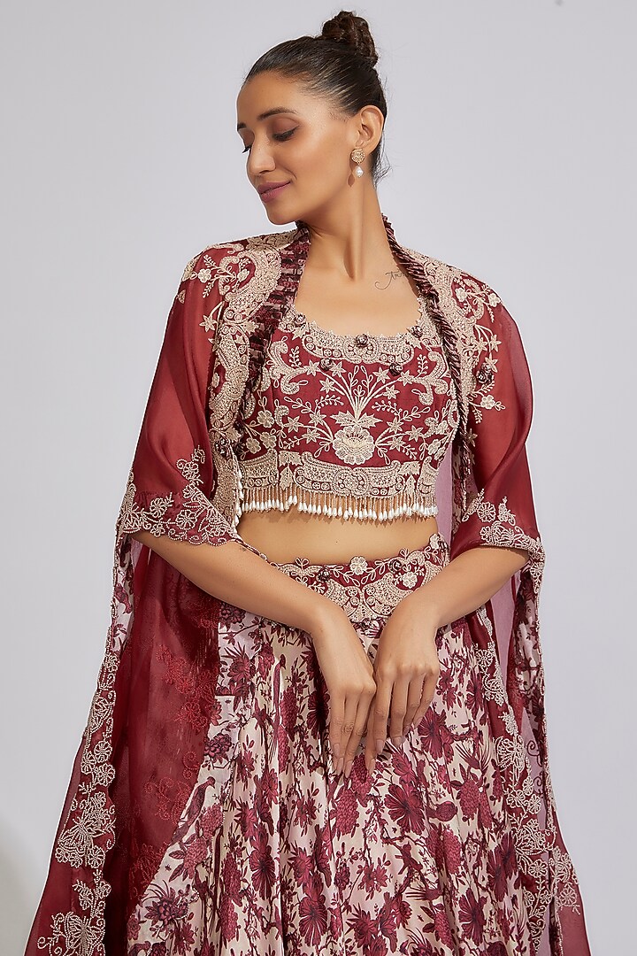Pink & Maroon Satin Printed Bridal Lehenga Set by Minaxi Dadoo at Pernia's Pop Up Shop