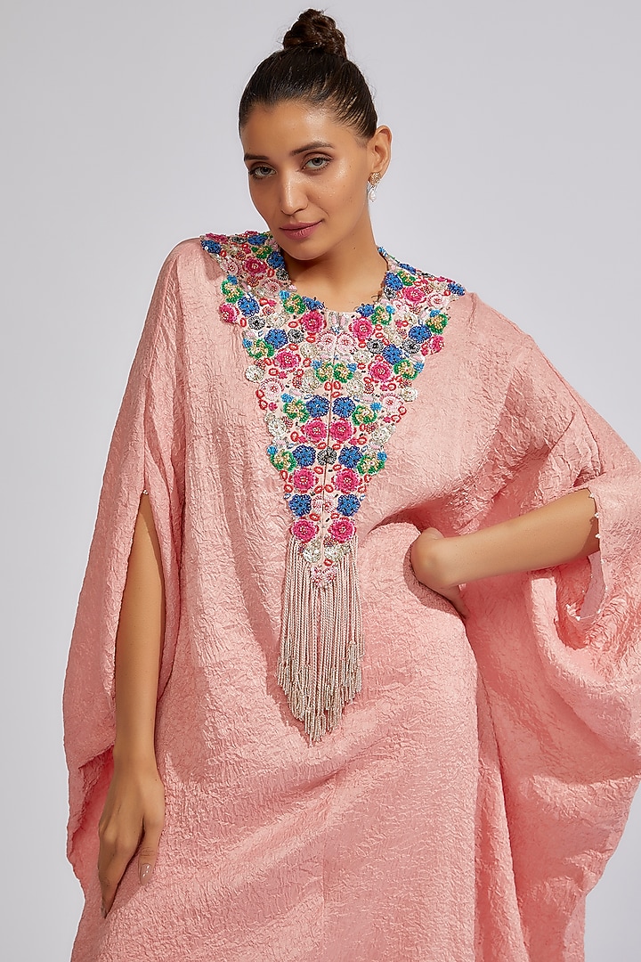 Pink Dupion Embroidered Kaftan Set by Minaxi Dadoo at Pernia's Pop Up Shop