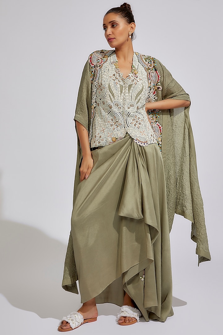 Olive Dupion Embroidered Cape Set by Minaxi Dadoo