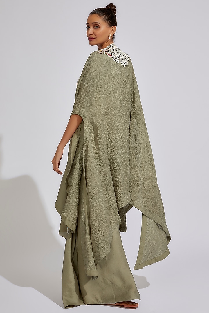 Olive Dupion Embroidered Cape Set by Minaxi Dadoo at Pernia's Pop Up Shop
