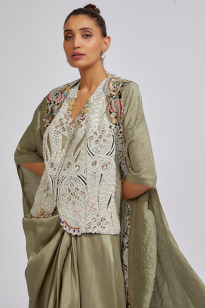 Olive Dupion Embroidered Cape Set by Minaxi Dadoo at Pernia's Pop Up Shop