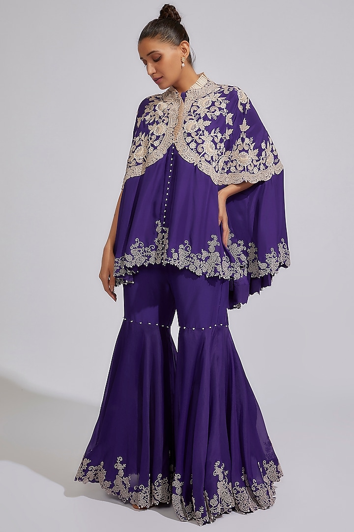 Purple Silk & Organza Embroidered Gharara Set by Minaxi Dadoo at Pernia's Pop Up Shop