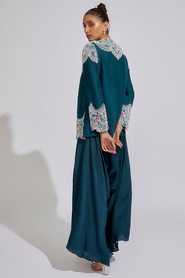 Peacock Blue Dupion Embroidered Kurta Set by Minaxi Dadoo at Pernia's Pop Up Shop
