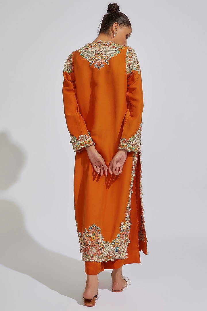Orange Dupion Embroidered Kurta Set by Minaxi Dadoo at Pernia's Pop Up Shop