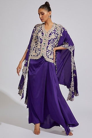 Violet Dupion Embroidered Cape Set by Minaxi Dadoo