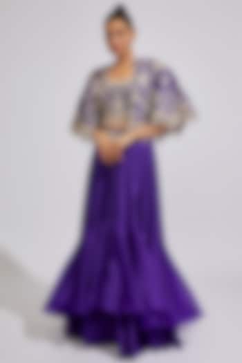 Violet Dupion Embroidered Cape Set by Minaxi Dadoo