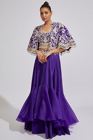 Violet Dupion Embroidered Cape Set by Minaxi Dadoo