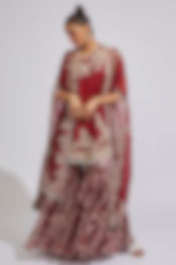 Maroon Organza Printed Bridal Sharara Set by Minaxi Dadoo at Pernia's Pop Up Shop