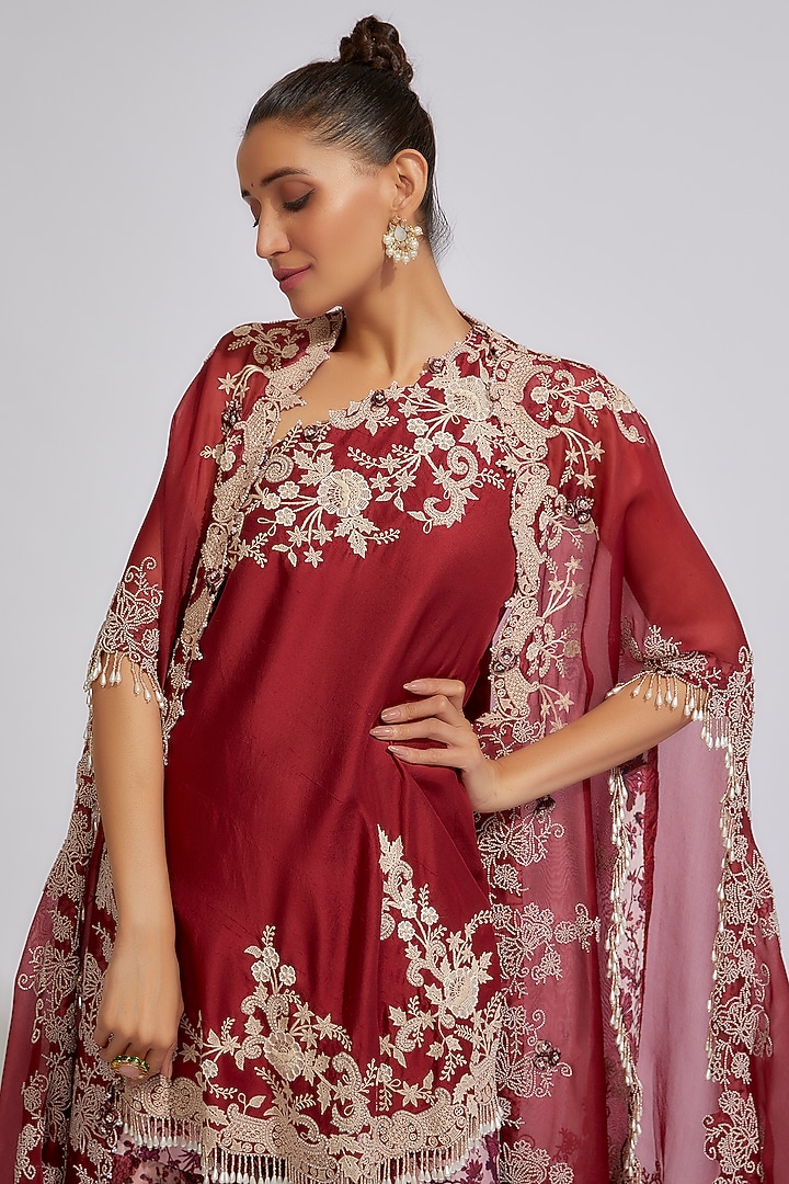 Maroon Organza Printed Bridal Sharara Set by Minaxi Dadoo at Pernia's Pop Up Shop