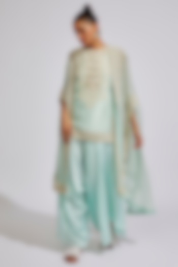 Powder Blue Organza Embroidered Cape Set by Minaxi Dadoo at Pernia's Pop Up Shop