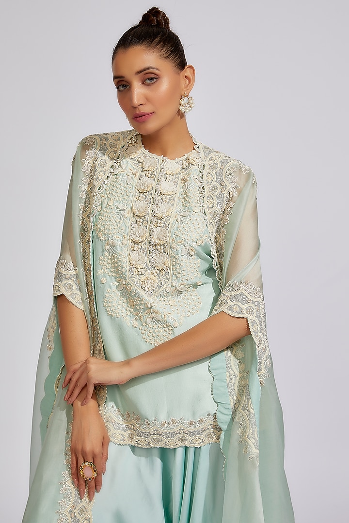 Powder Blue Organza Embroidered Cape Set by Minaxi Dadoo at Pernia's Pop Up Shop
