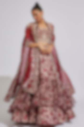 Maroon Silk & Organza Printed Jacket Bridal Lehenga Set by Minaxi Dadoo at Pernia's Pop Up Shop