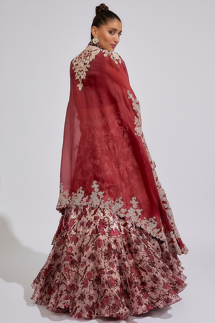 Maroon Silk & Organza Printed Jacket Bridal Lehenga Set by Minaxi Dadoo at Pernia's Pop Up Shop