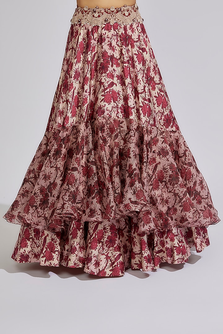 Maroon Silk & Organza Printed Jacket Bridal Lehenga Set by Minaxi Dadoo at Pernia's Pop Up Shop