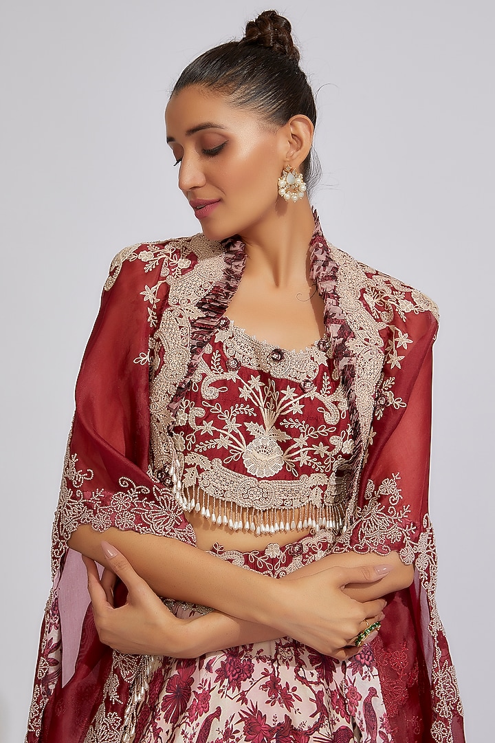 Maroon Silk & Organza Printed Jacket Bridal Lehenga Set by Minaxi Dadoo at Pernia's Pop Up Shop