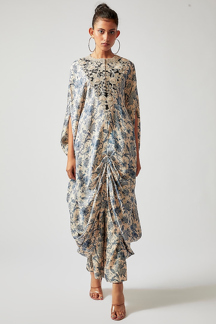 Beige Satin Printed Kaftan Set by Minaxi Dadoo at Pernia's Pop Up Shop