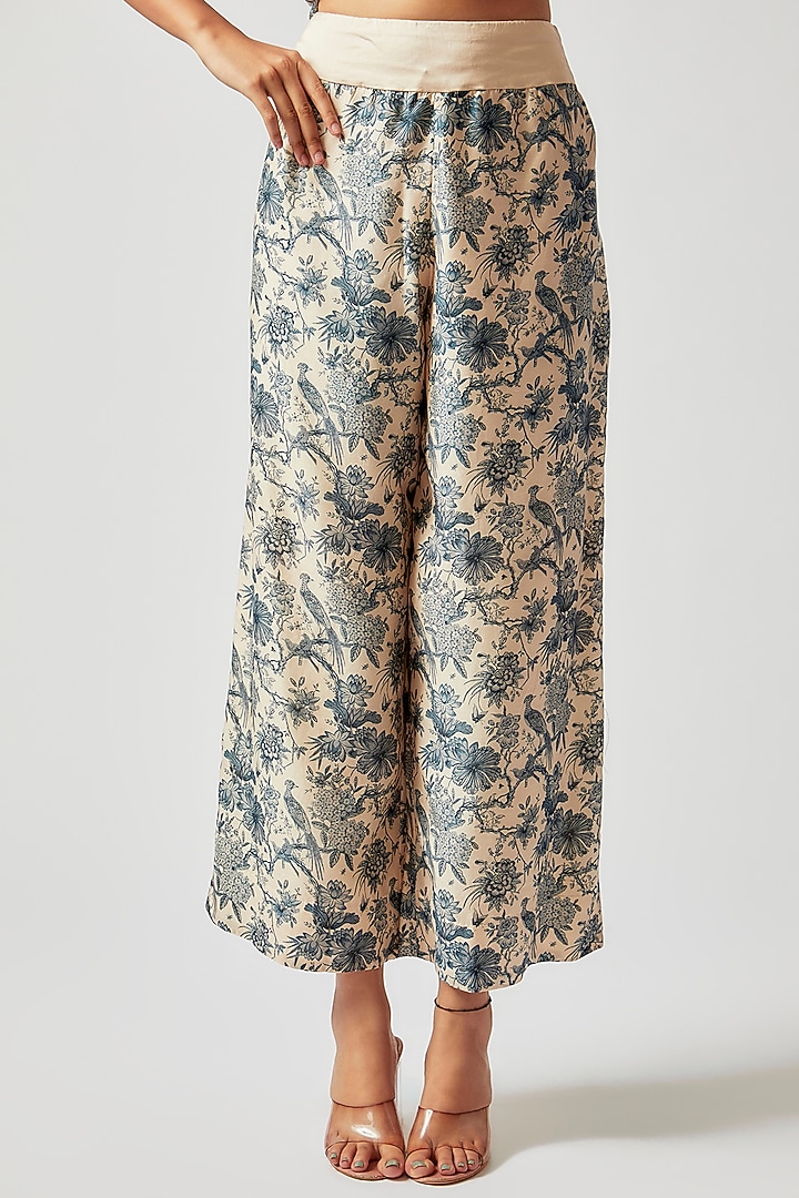 Beige Satin Printed Kaftan Set by Minaxi Dadoo at Pernia's Pop Up Shop