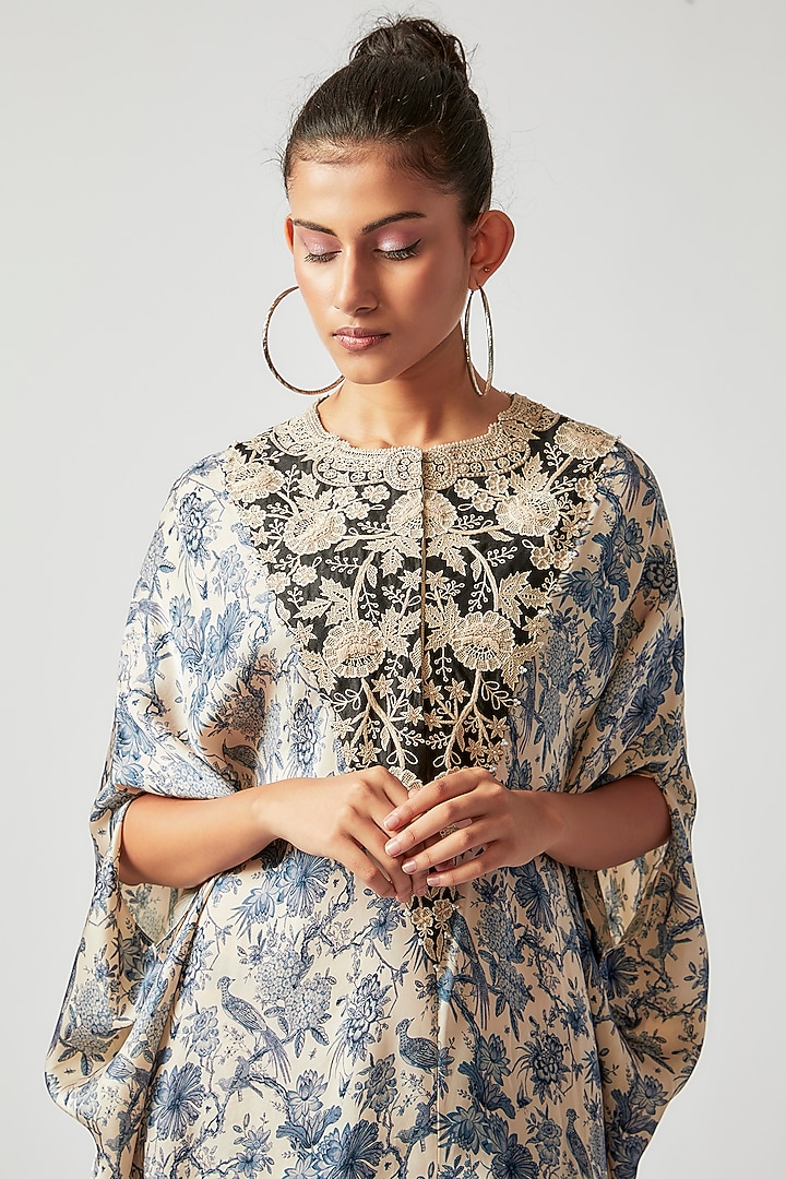 Beige Satin Printed Kaftan Set by Minaxi Dadoo at Pernia's Pop Up Shop