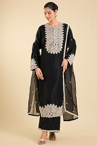 Black Dupion Thread Work Kurta Set by Minaxi Dadoo