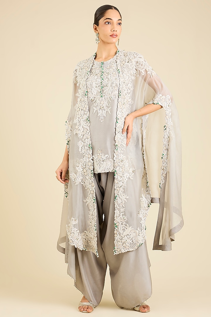 Steel Grey Dupion & Organza Embroidered Cape Set by Minaxi Dadoo at Pernia's Pop Up Shop