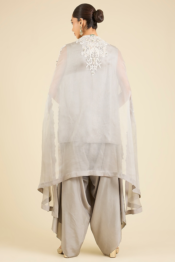 Steel Grey Dupion & Organza Embroidered Cape Set by Minaxi Dadoo at Pernia's Pop Up Shop