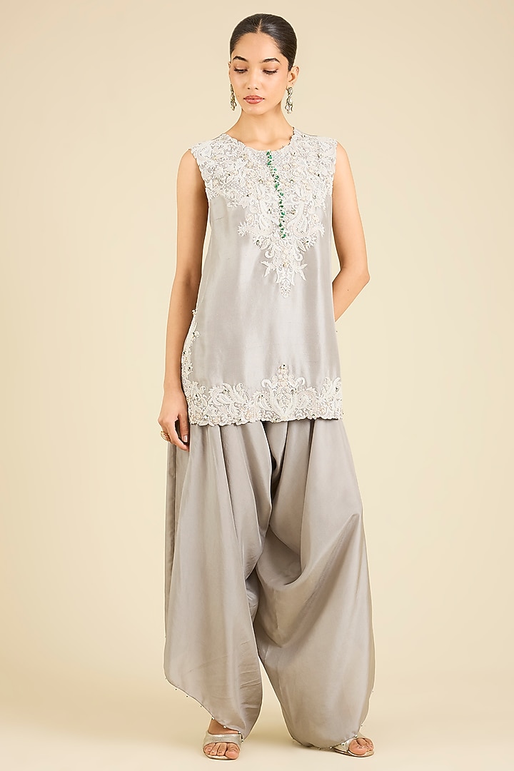 Steel Grey Dupion & Organza Embroidered Cape Set by Minaxi Dadoo at Pernia's Pop Up Shop