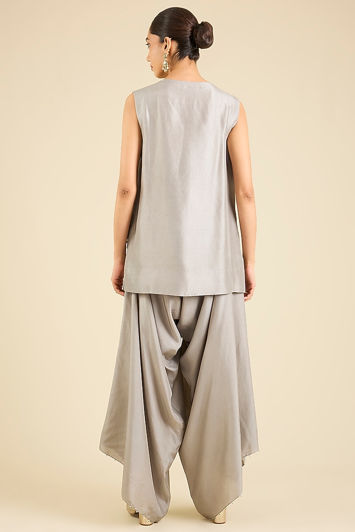 Steel Grey Dupion & Organza Embroidered Cape Set by Minaxi Dadoo at Pernia's Pop Up Shop